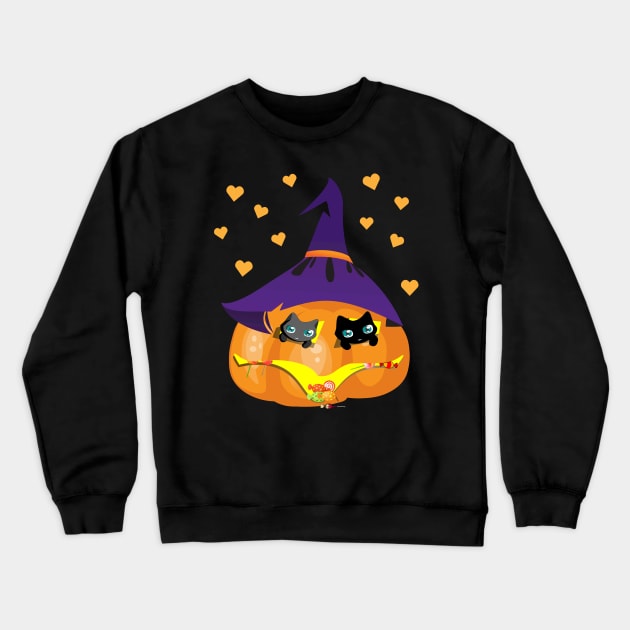 Halloween Black and Gray Cat in a Pumpkin House with Sweets Crewneck Sweatshirt by K0tK0tu